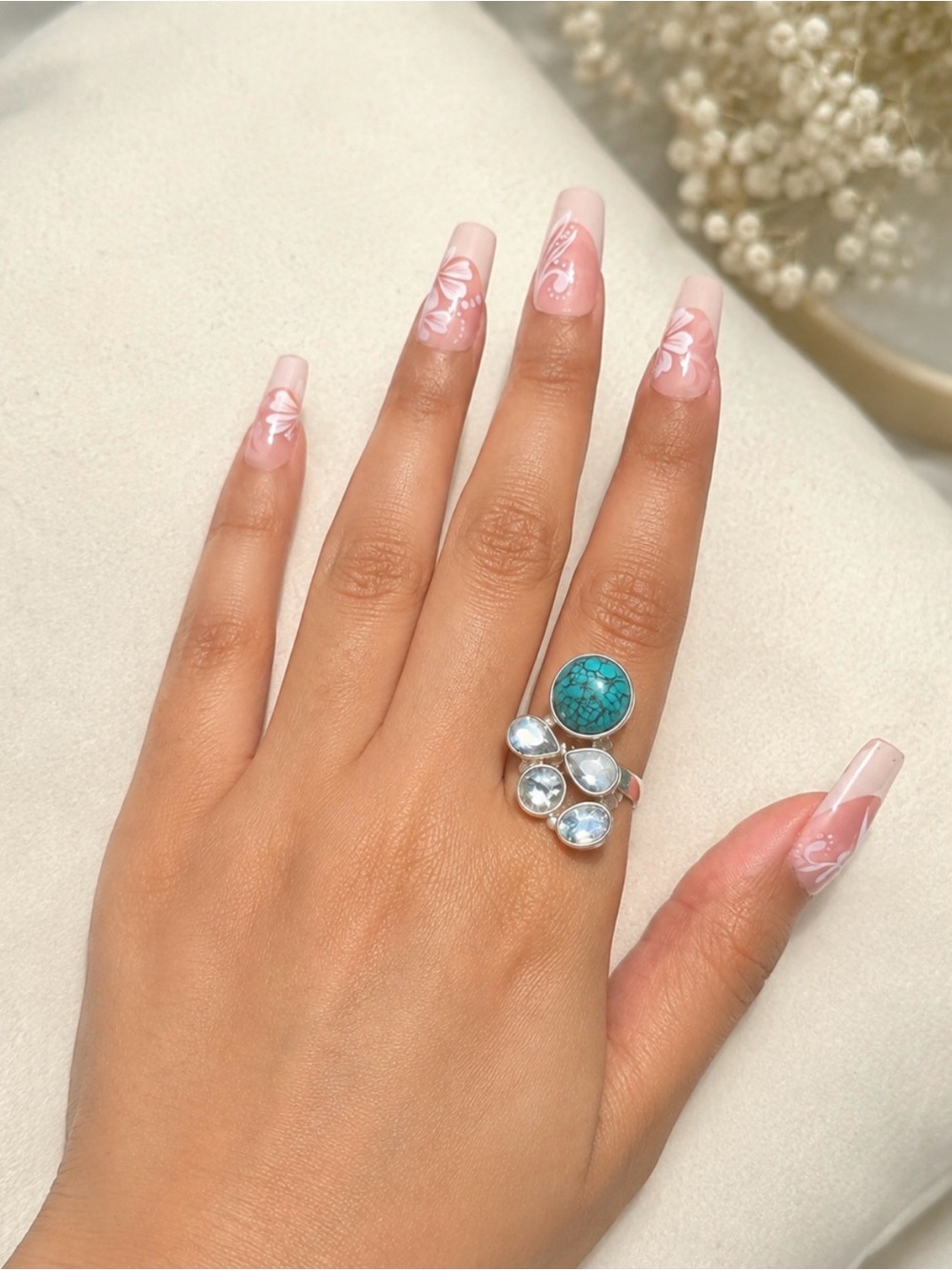 Turquoise & Blue Topaz Cluster Ring — 925 Sterling Silver